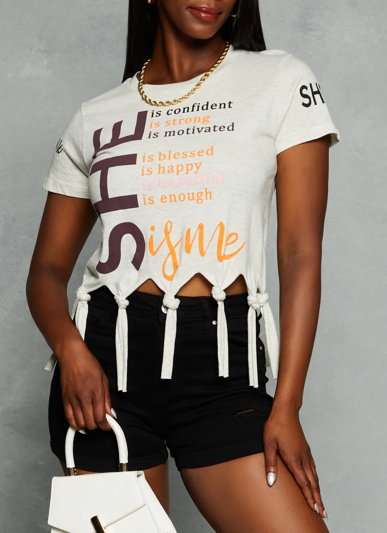 She Is Me Graphic Knot Fringe Tee sold by Rainbow