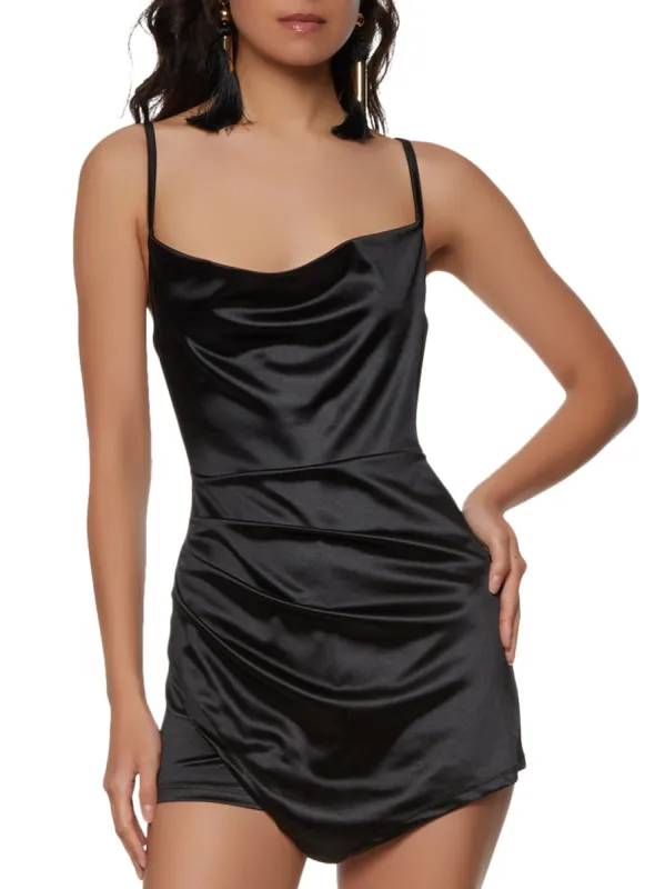 Satin Cowl Neck Asymmetrical Romper made by Rainbow