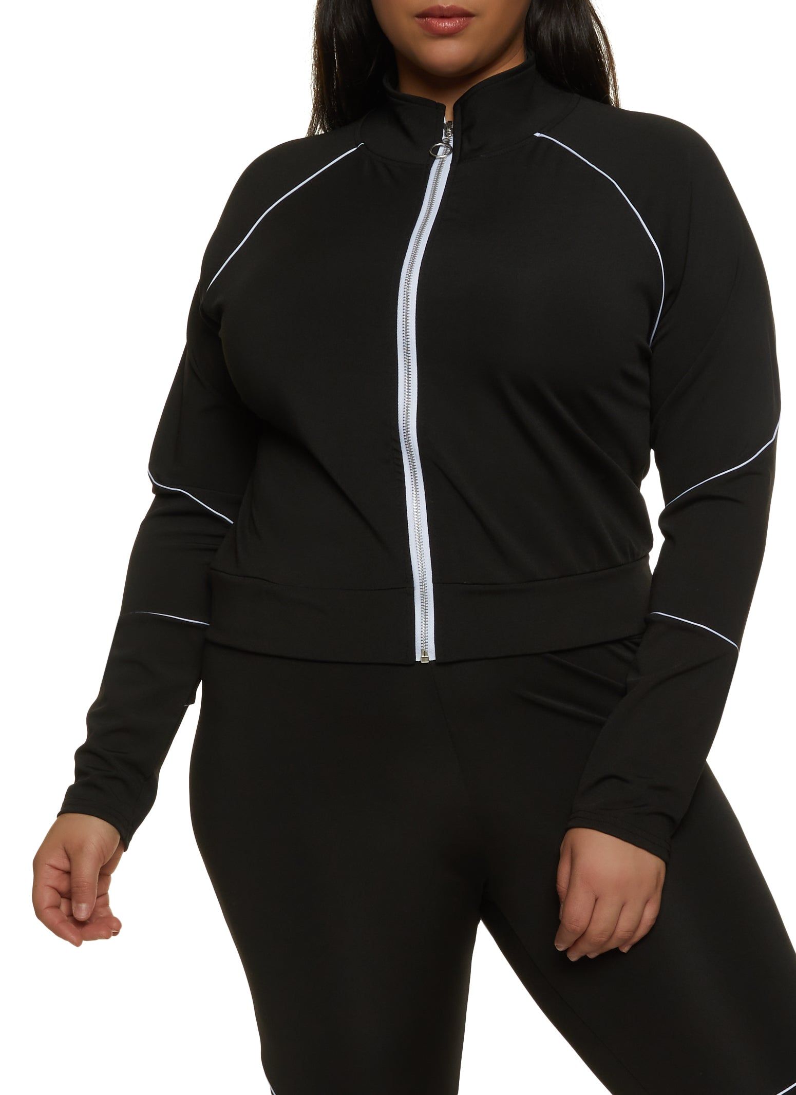 Plus Size Zip Front Contrast Piping Track Jacket sold by Rainbow
