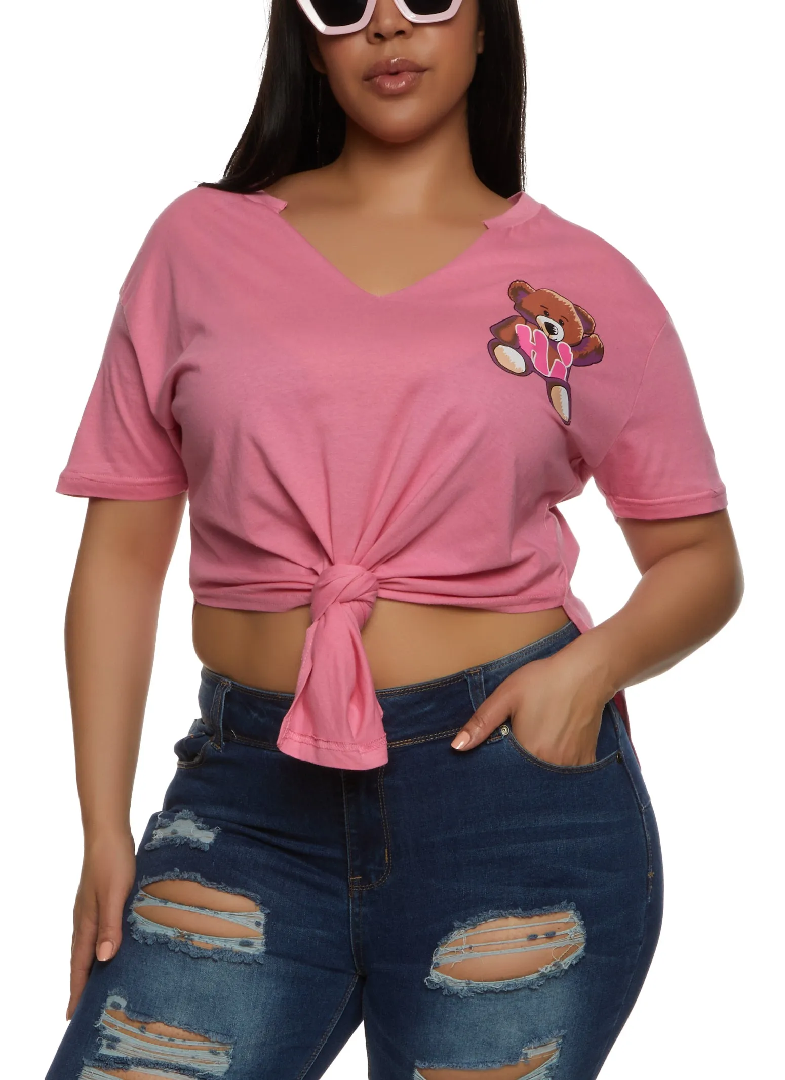 Plus Size Bye Bear Hanky Hem Back Graphic T Shirt sold by Rainbow