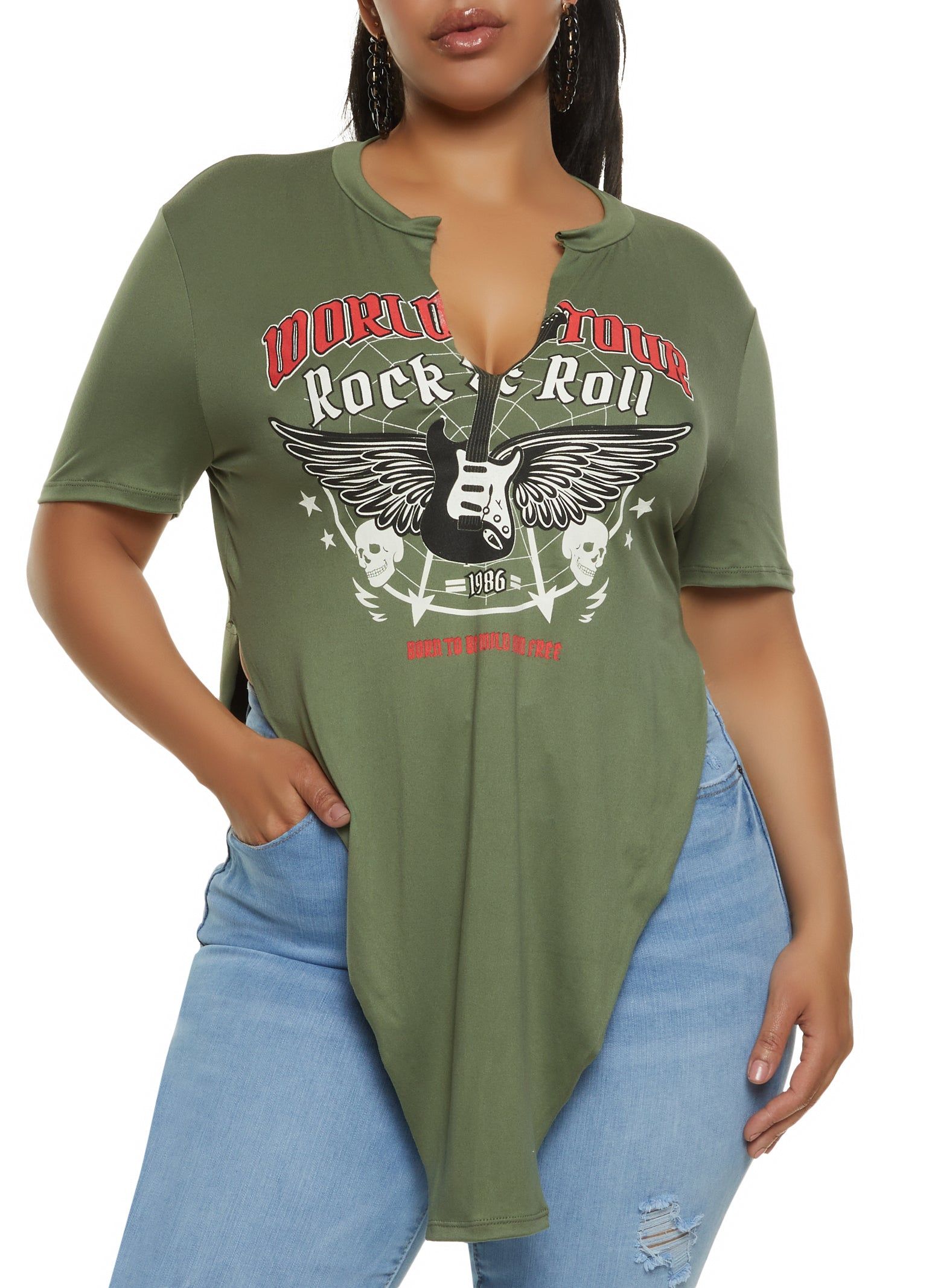 Plus Size Rock N Roll Hanky Hem Graphic Tee sold by Rainbow