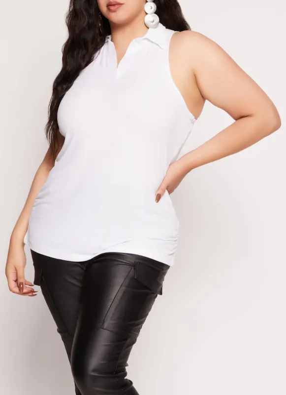 Plus Size Sleeveless Rib Knit Collared Top sold by Rainbow