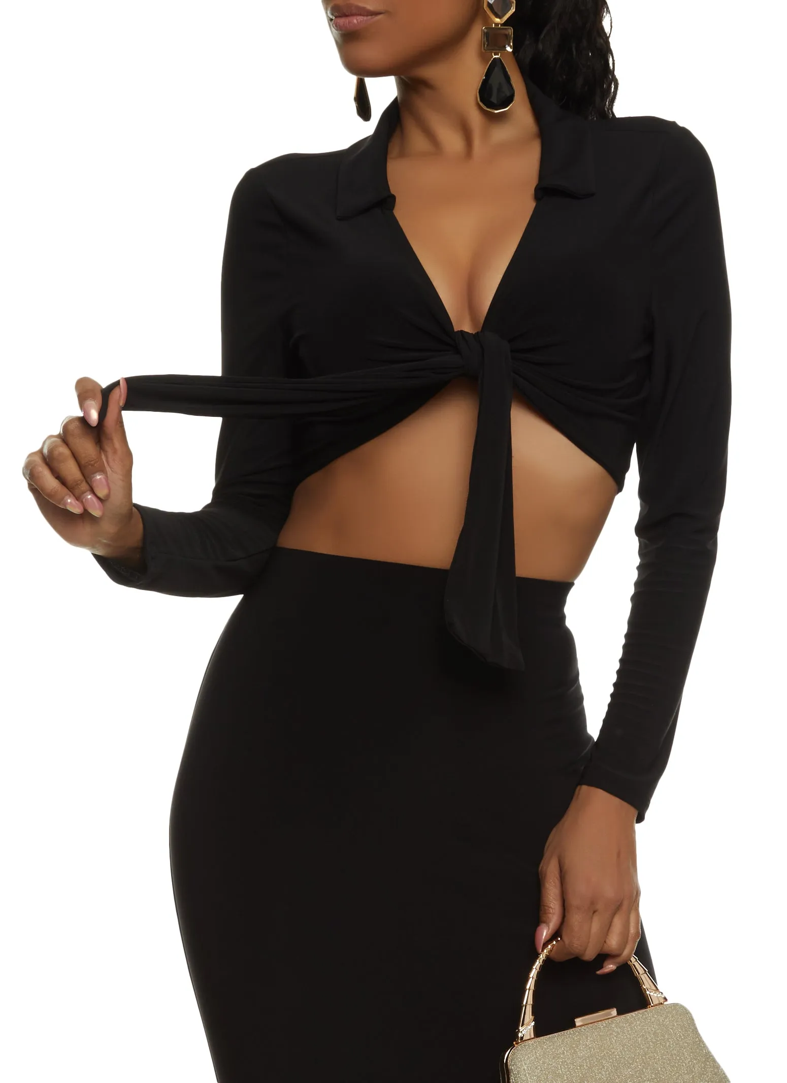 Long Sleeve Tie Front Cropped Blouse sold by Rainbow