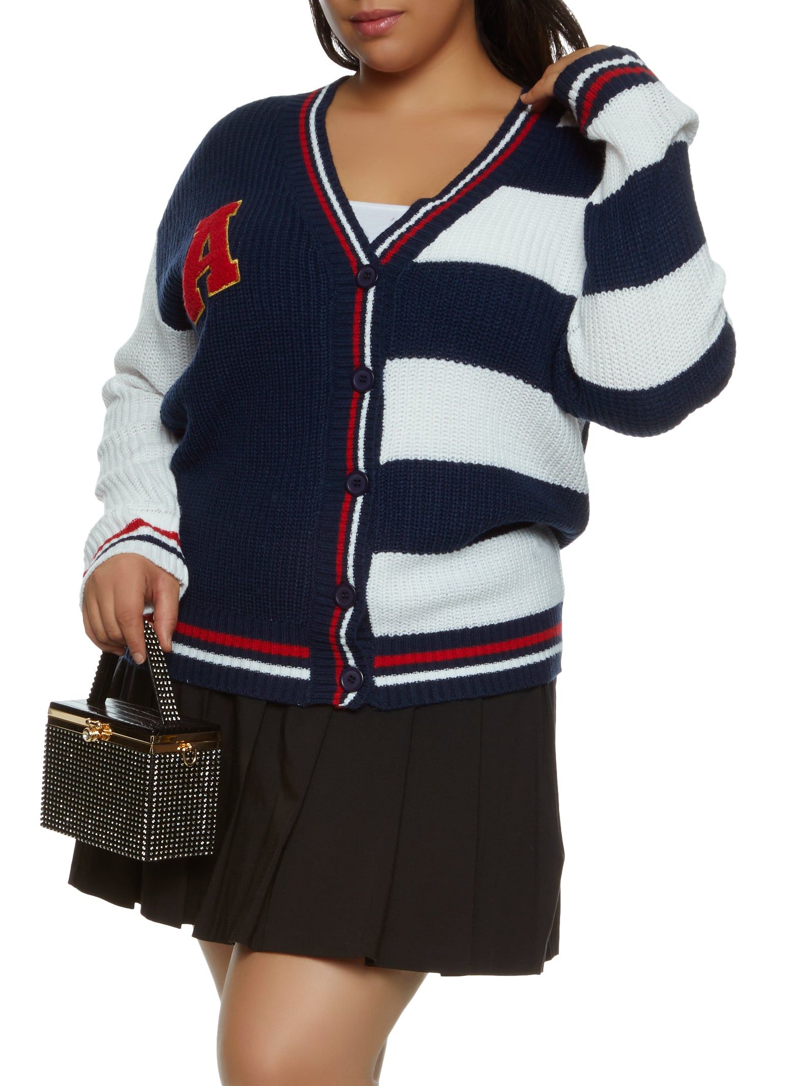 Plus Size A Initial Chenille Patch Color Block Cardigan sold by Rainbow