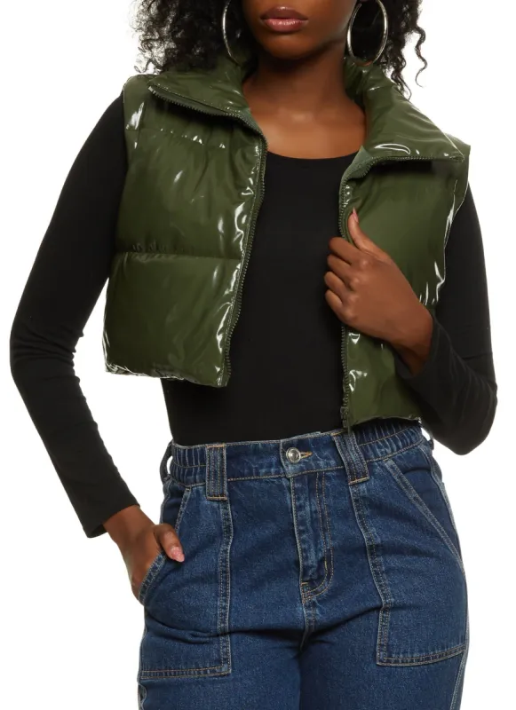 Faux Patent Leather Cropped Puffer Vest sold by Rainbow