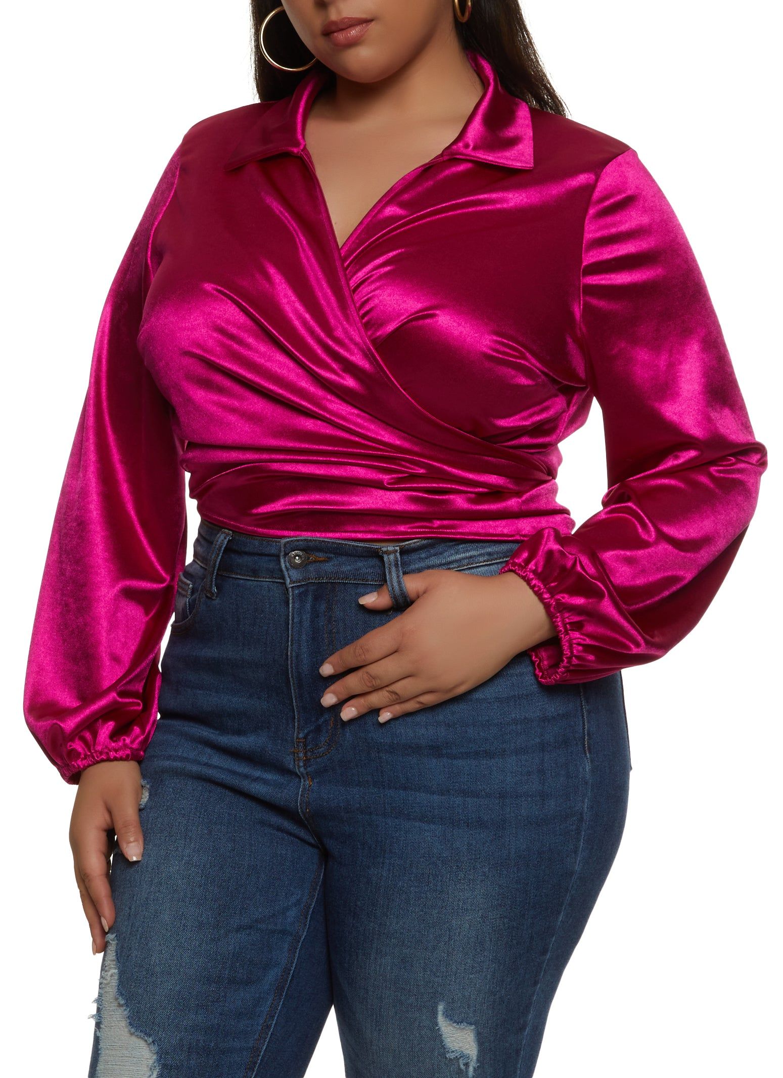 Plus Size Long Sleeve Cropped Wrap Top sold by Rainbow