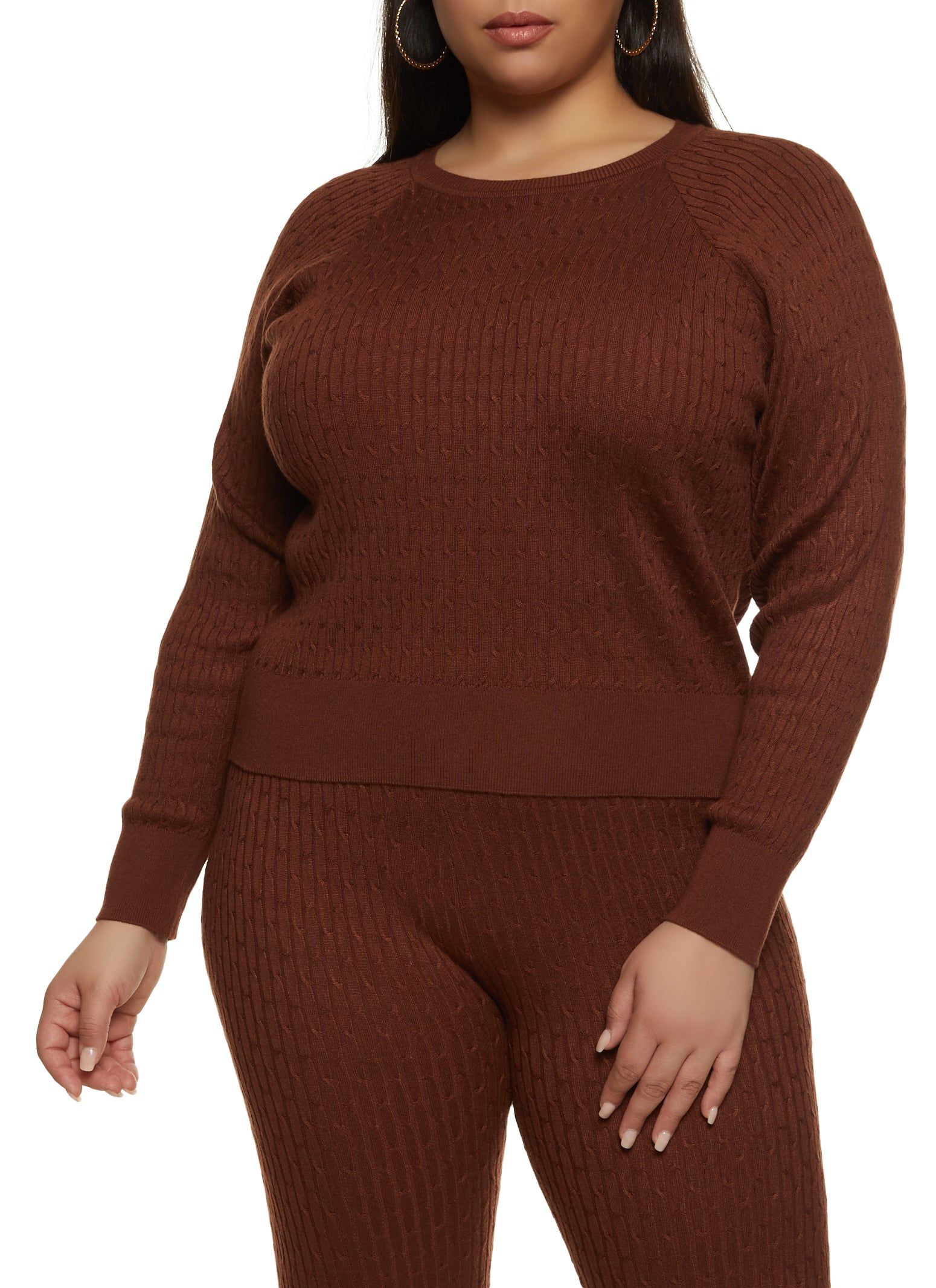 Plus Size Crew Neck Cable Knit Pullover Sweater sold by Rainbow