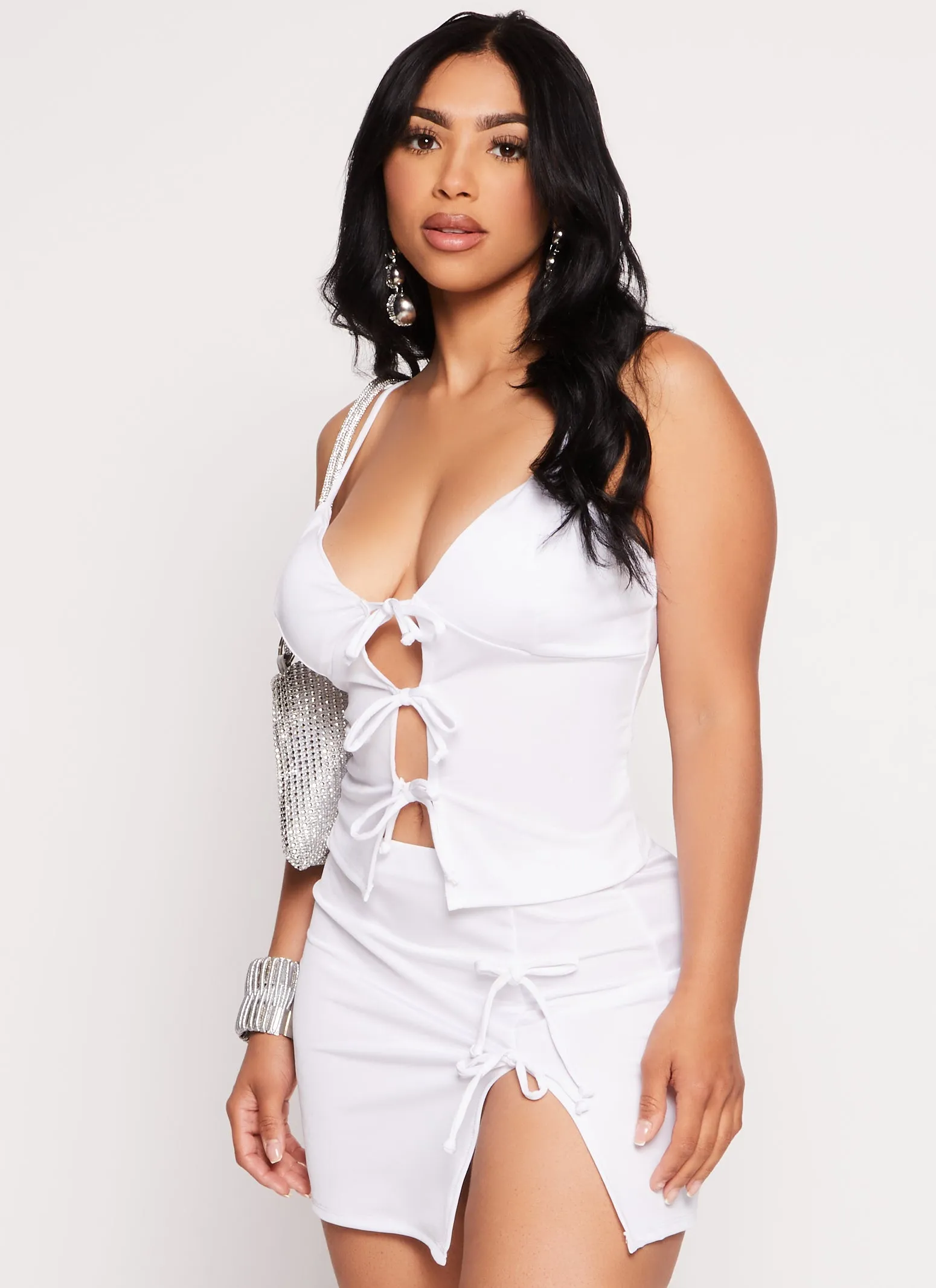 Bow Tie Front Plunge Neck Top sold by Rainbow