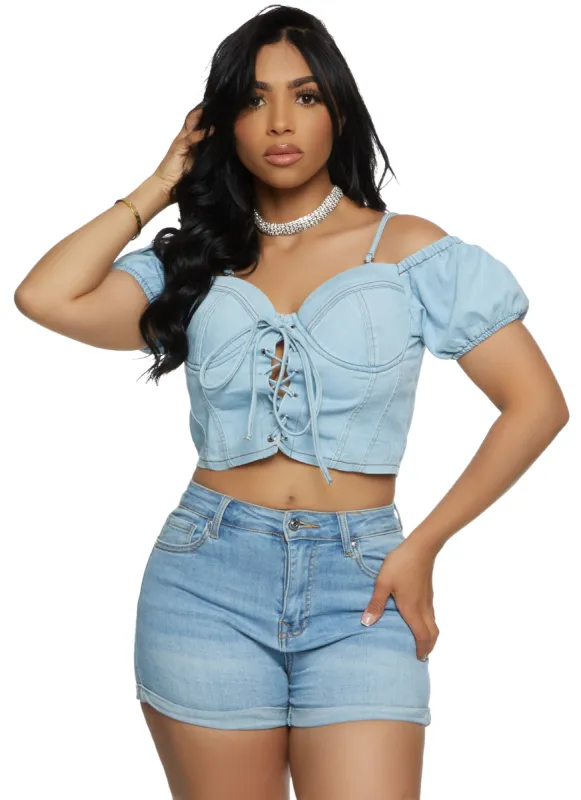 Denim Cold Shoulder Lace Up Bustier Top sold by Rainbow