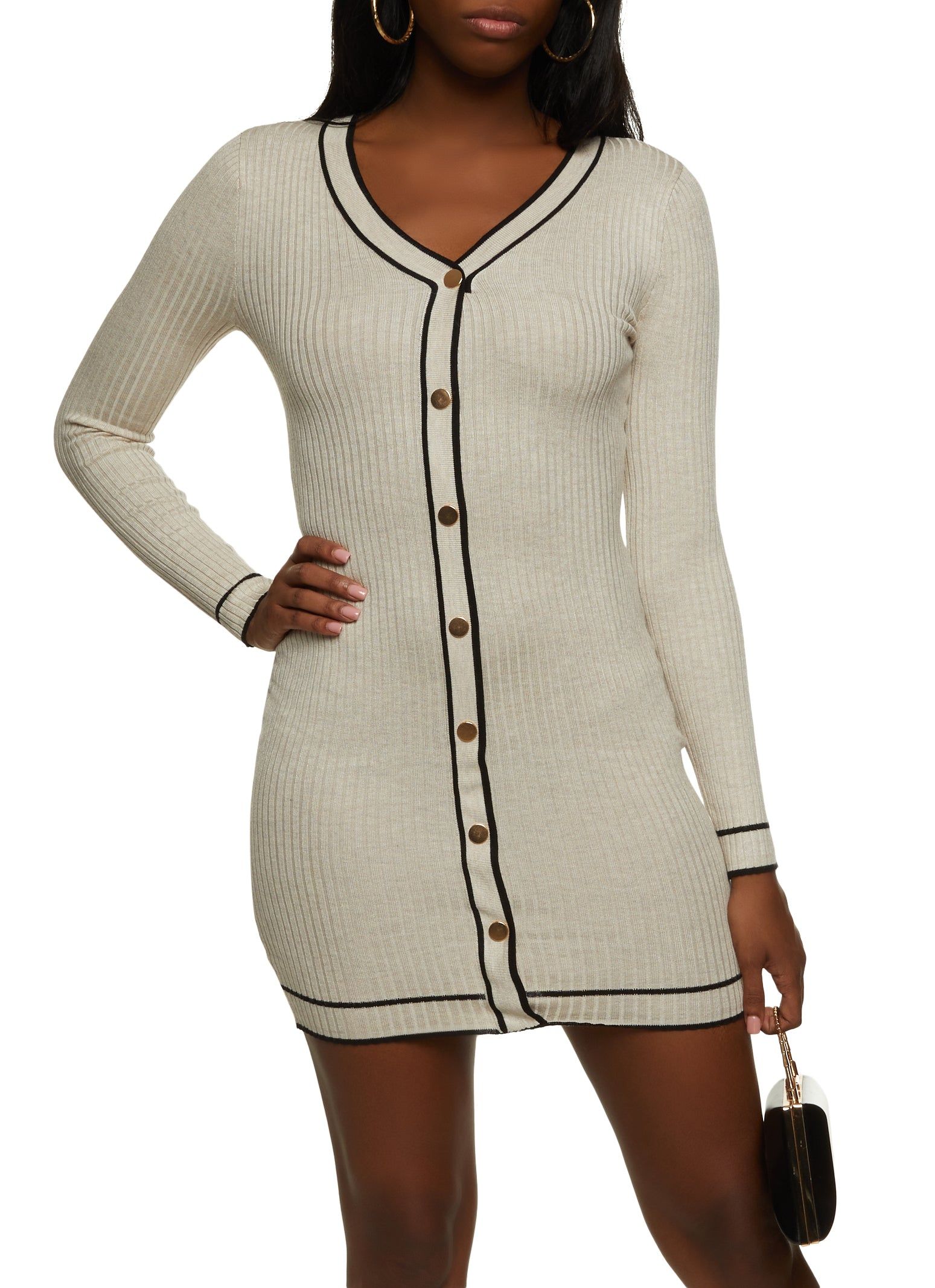 Faux Button Contrast Trim Sweater Dress sold by Rainbow