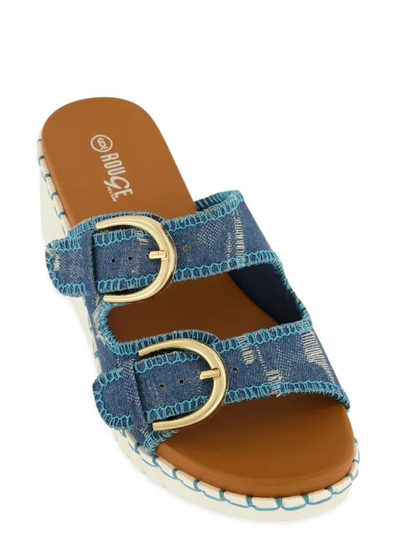Double Buckle Strap Wedge Slide Sandals sold by Rainbow