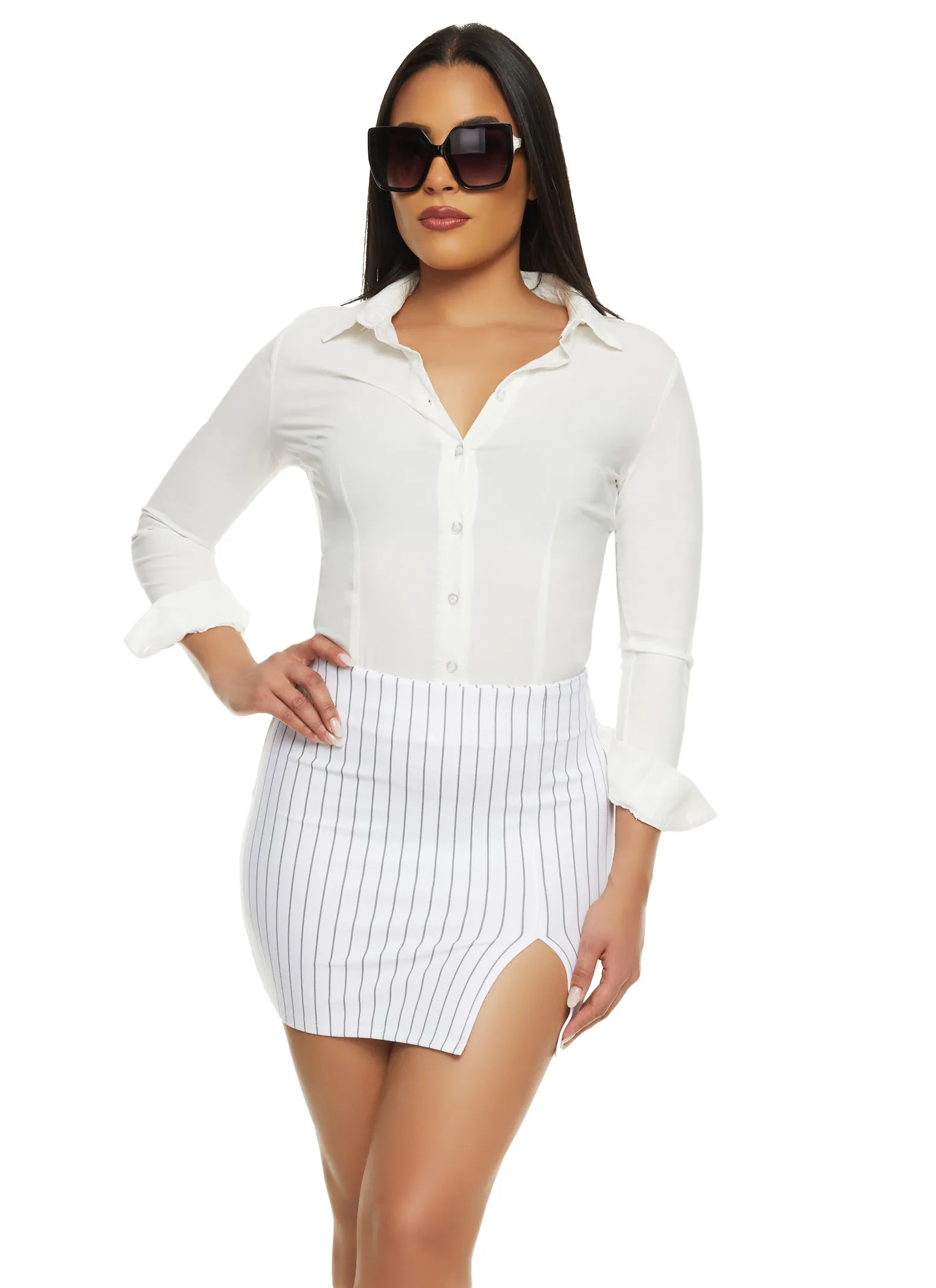 Pinstripe Side Slit Mini Skirt sold by Rainbow