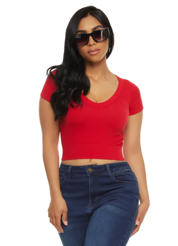 Seamless Ribbed V Neck Cropped Tee sold by Rainbow