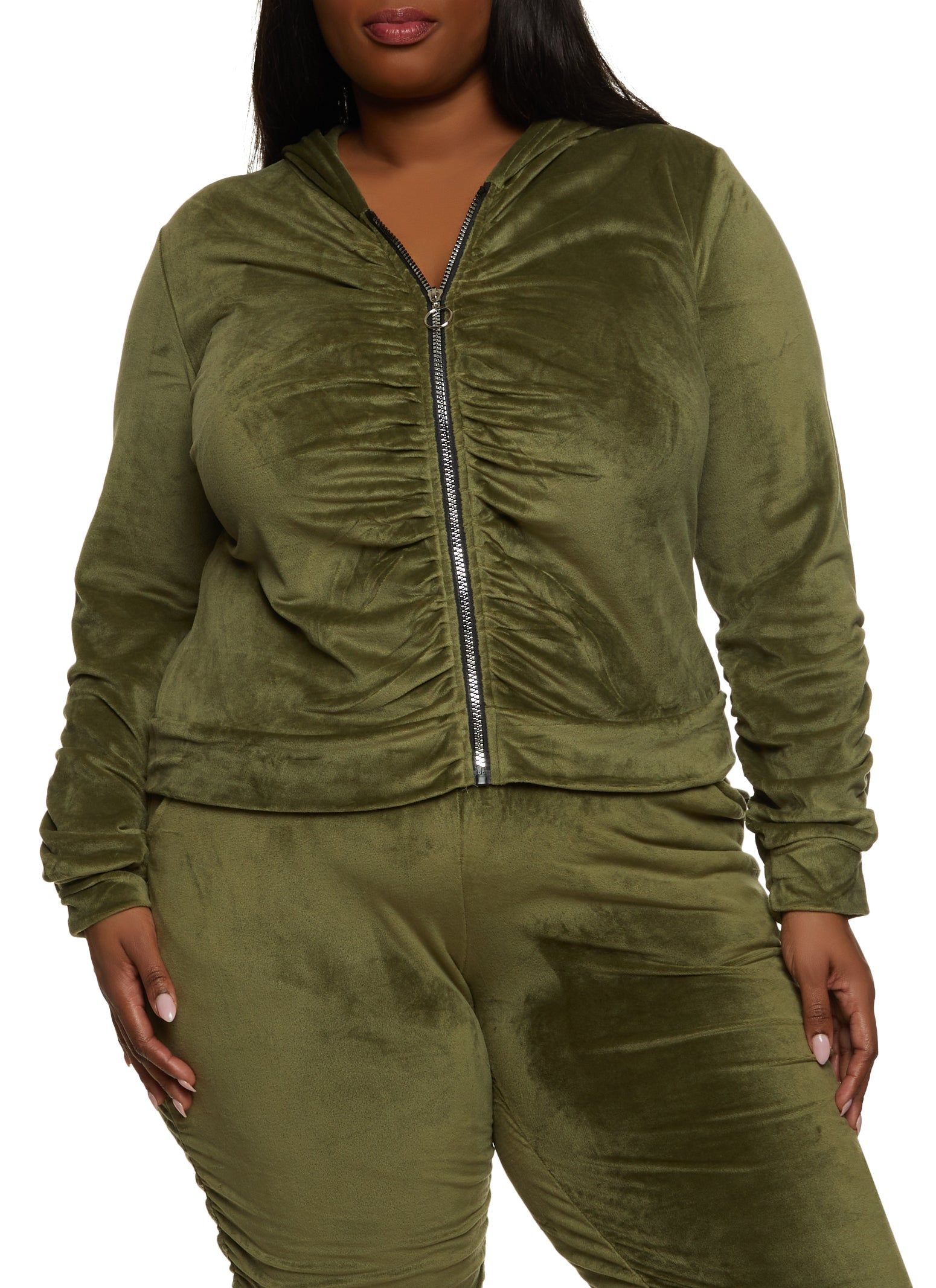 Plus Size Ruched Zip Front Hooded Sweatshirt sold by Rainbow