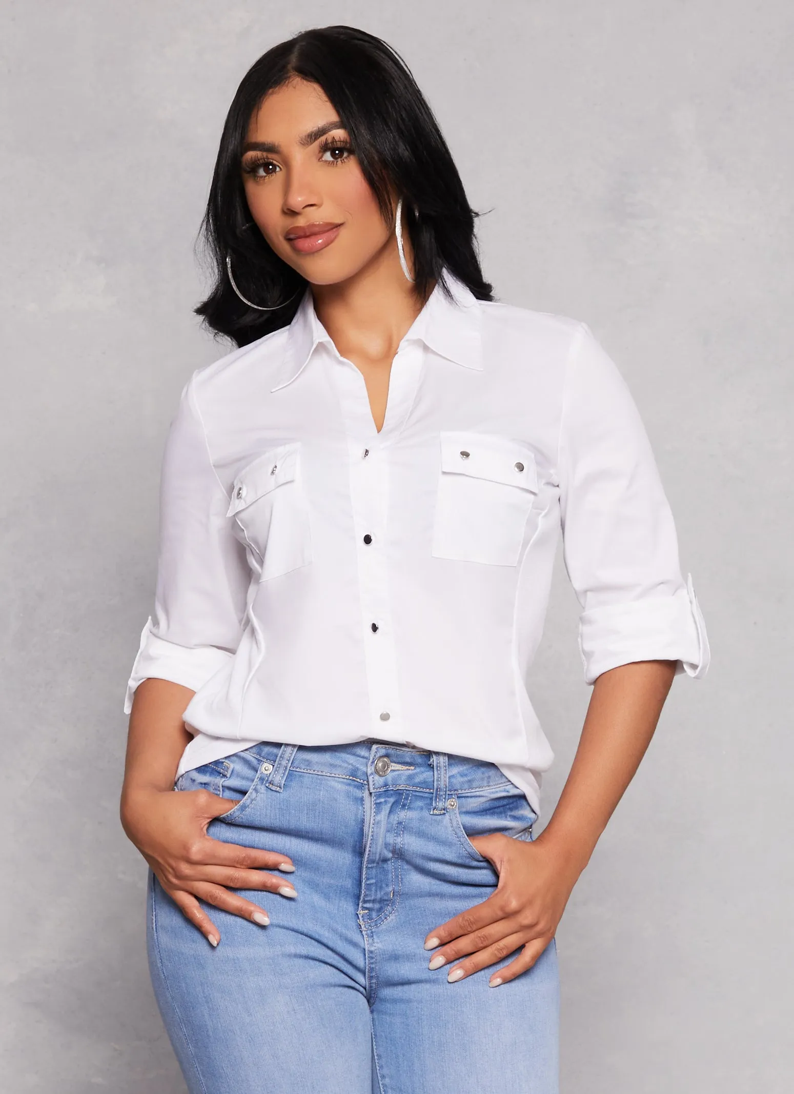 Poplin Tabbed Sleeve Button Front Shirt sold by Rainbow