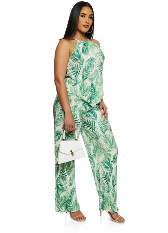 Almost Famous Plisse Palm Print Wide Leg Pants sold by Rainbow