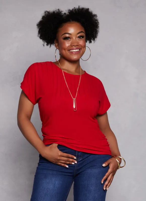 Plus Size Ribbed Short Sleeve Top with Necklace sold by Rainbow