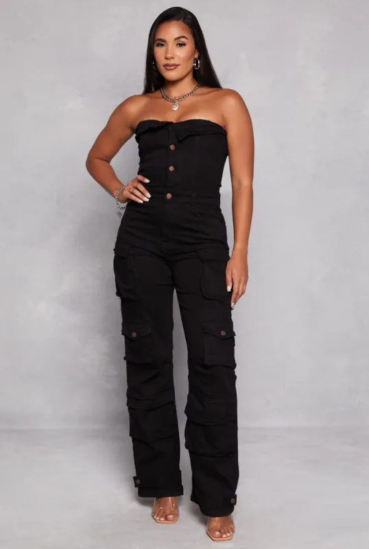 Daisy Denim Strapless Button Front Cargo Jumpsuit sold by Rainbow