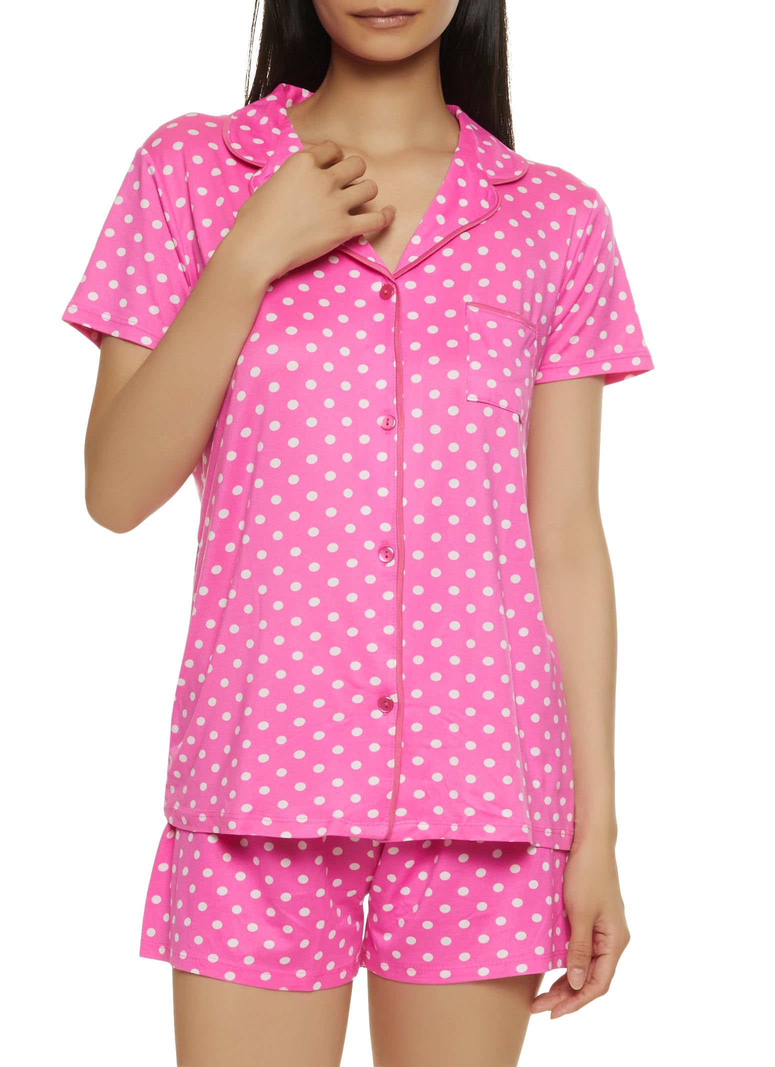Polka Dot Print Notch Collar Pajama Shirt and Shorts sold by Rainbow