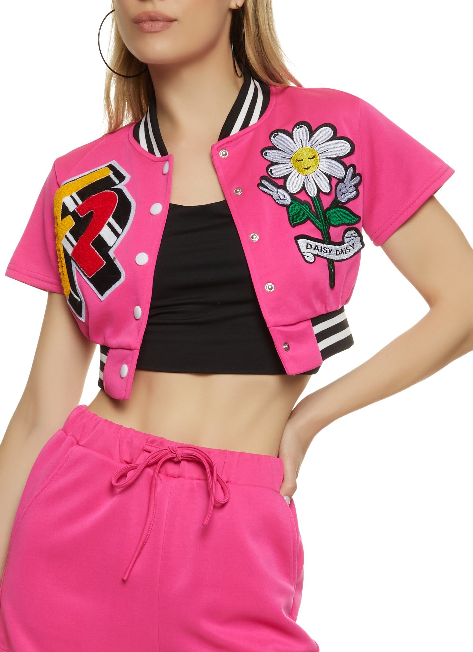 Daisy Patch Cropped Varsity Jacket sold by Rainbow