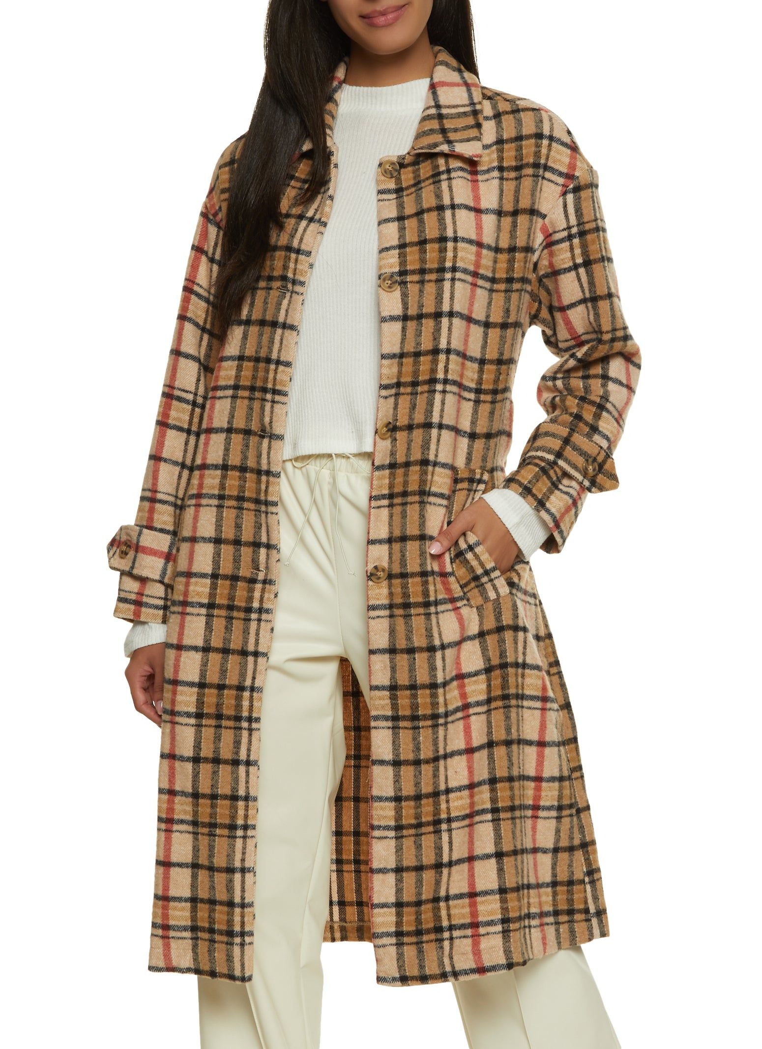Brushed Knit Plaid Belted Longline Shacket sold by Rainbow