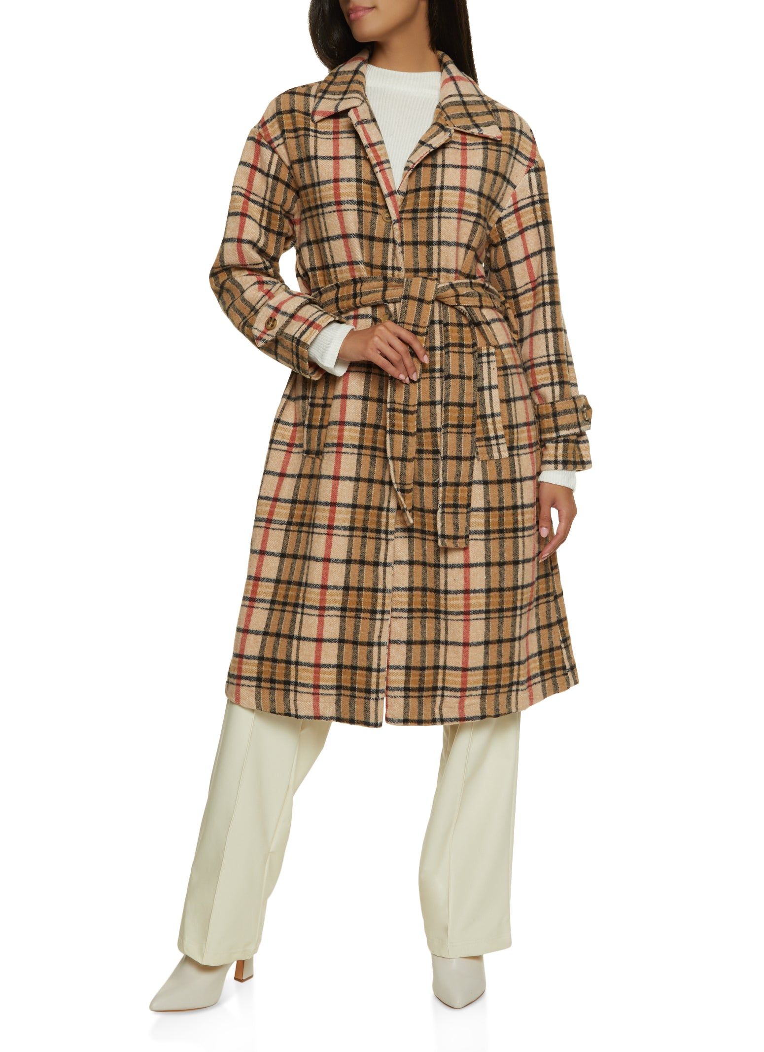 Brushed Knit Plaid Belted Longline Shacket sold by Rainbow product image thumbnail 2