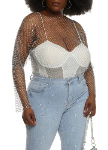 Plus Size Fishnet Rhinestone Studded Long Sleeve Crop Top sold by Rainbow