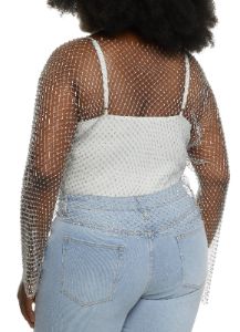 Plus Size Fishnet Rhinestone Studded Long Sleeve Crop Top sold by Rainbow