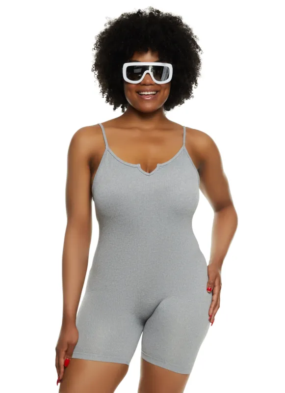 Plus Size Seamless Ribbed Notch Neck Cami Romper sold by Rainbow