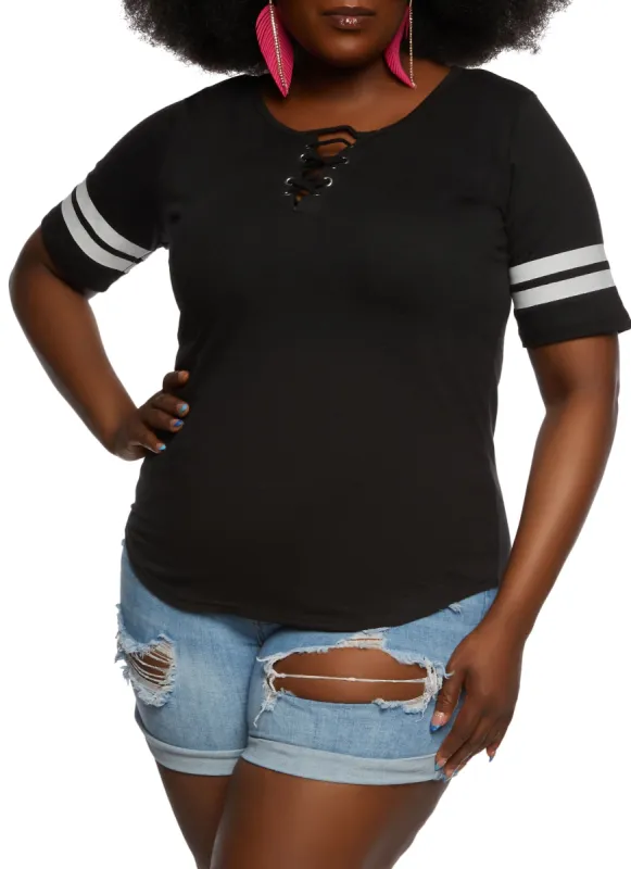 Plus Size Varsity Striped Sleeve Lace Up Crew Neck Tee sold by Rainbow