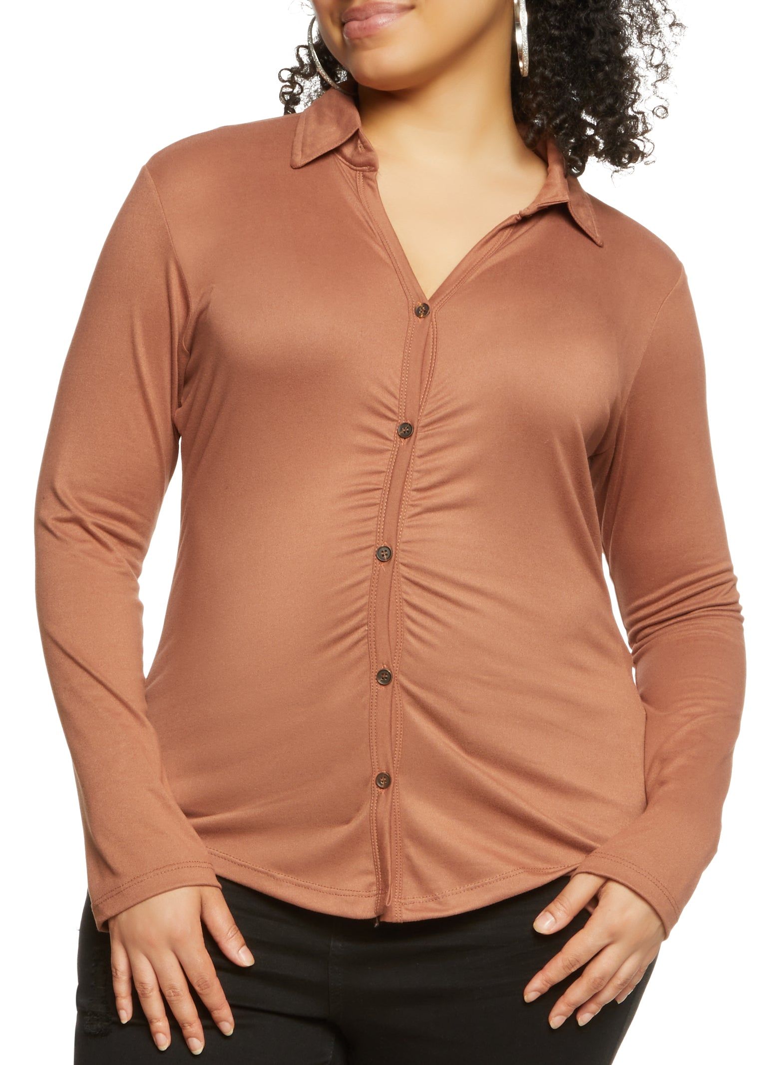 Plus Size Long Sleeve Ruched Button Down Shirt sold by Rainbow