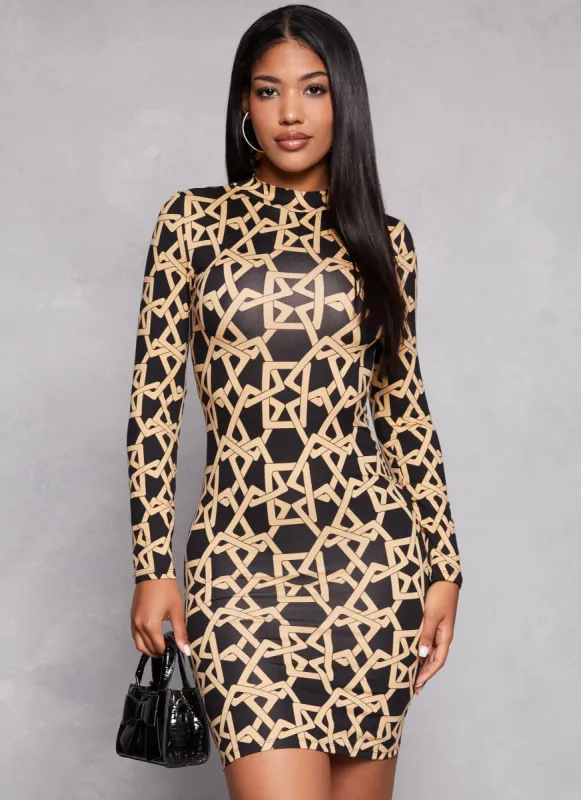 Printed Mock Neck Long Sleeve Dress sold by Rainbow