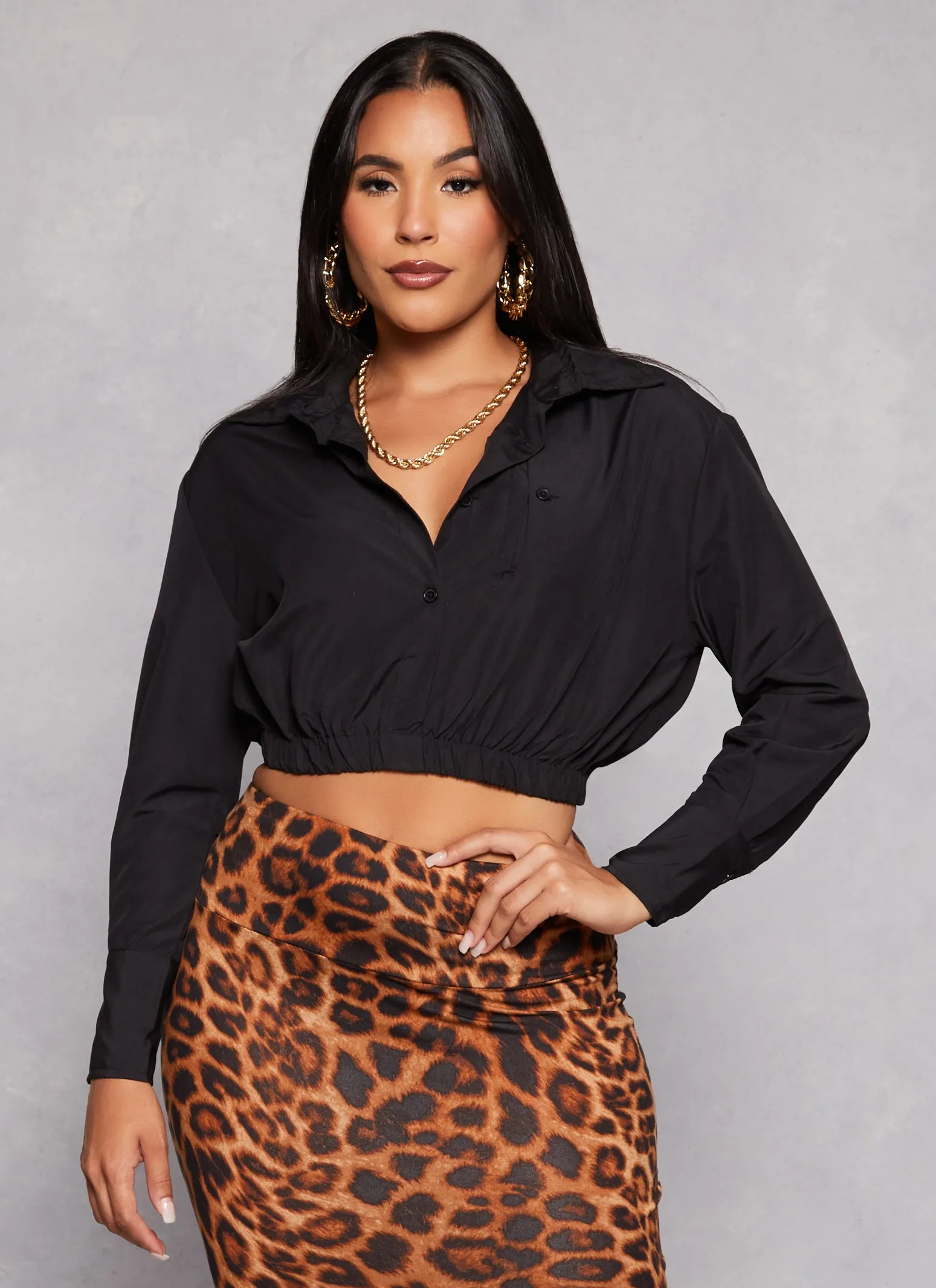 Button Front Cropped Long Sleeve Shirt sold by Rainbow