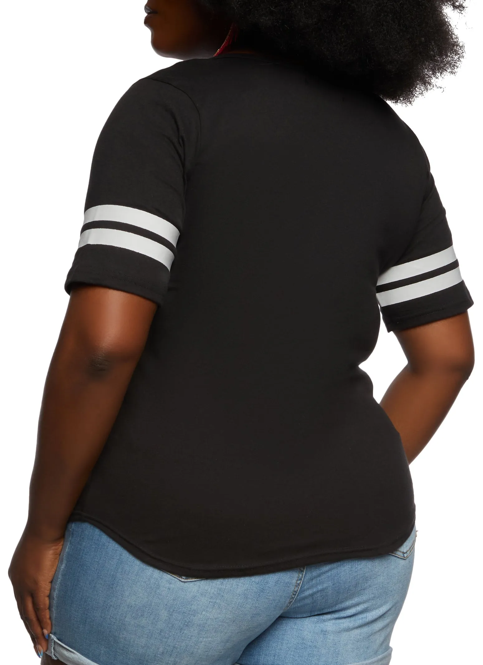 Plus Size Varsity Striped Sleeve Lace Up Crew Neck Tee sold by Rainbow product image thumbnail 3