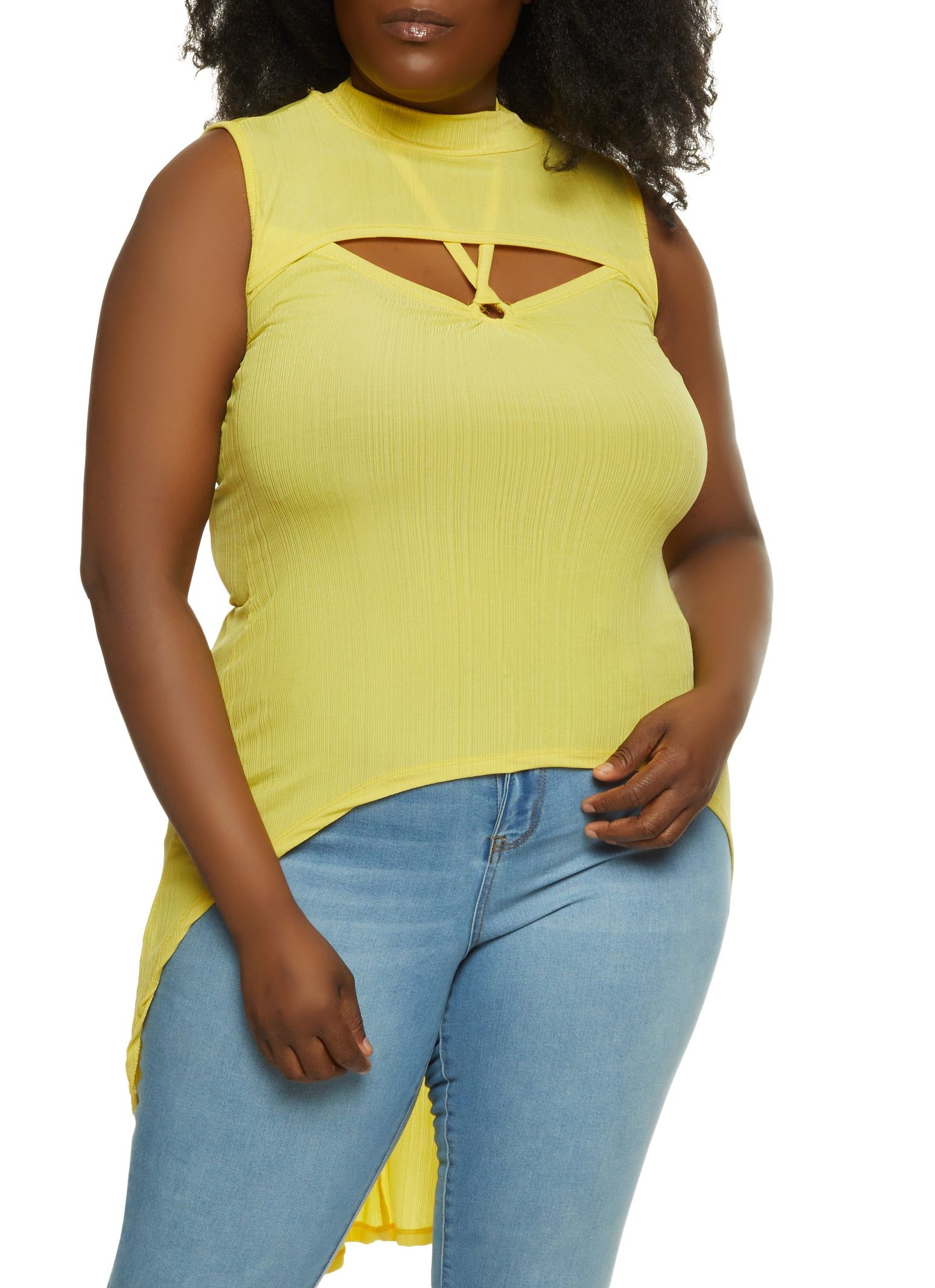 Plus Size Mock Neck Ribbed Cut Out High Low Top sold by Rainbow
