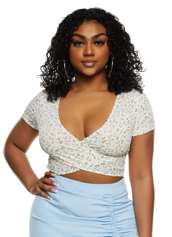 Ribbed Floral Print Twist Front Crop Top sold by Rainbow