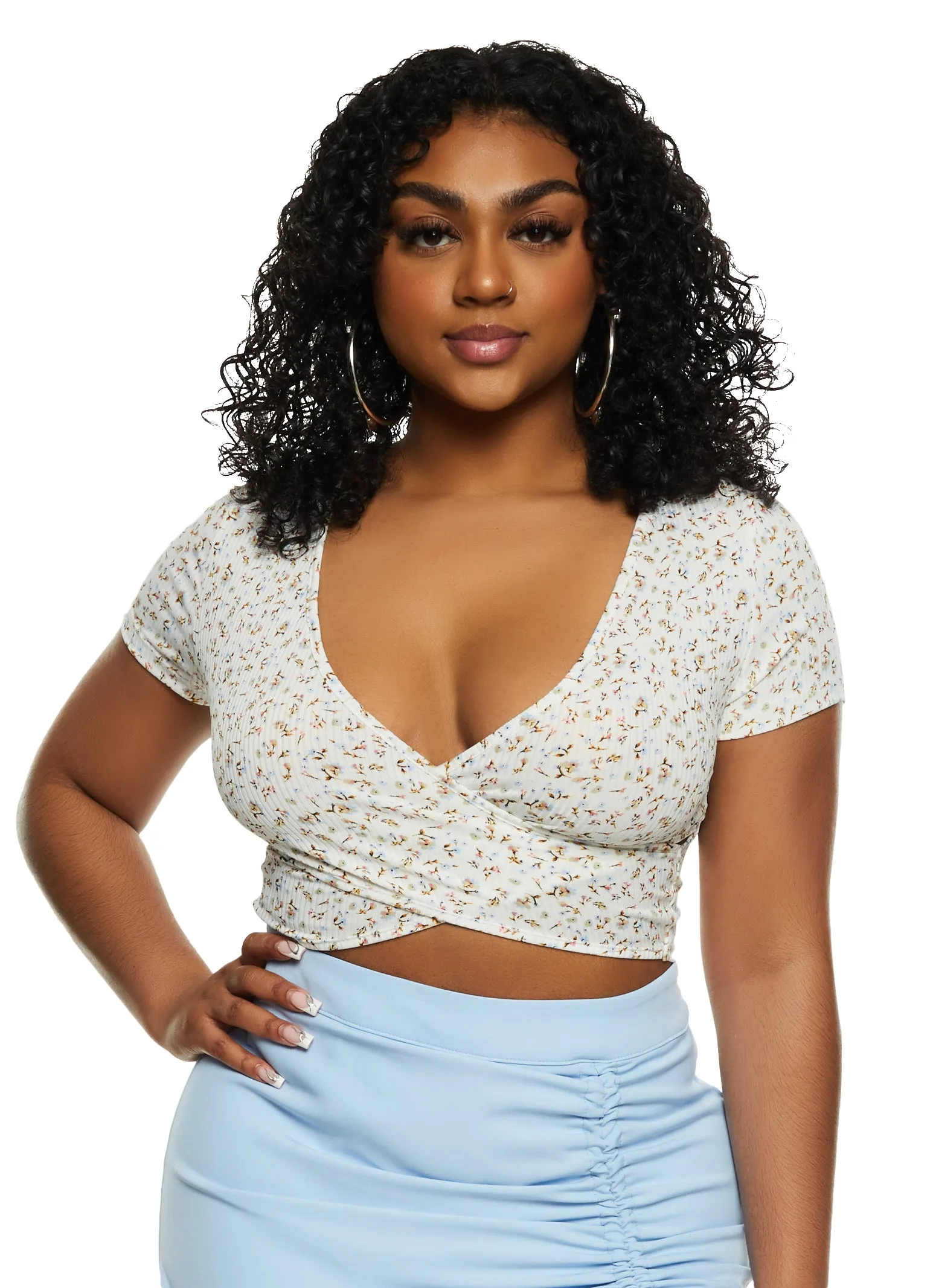 Ribbed Floral Print Twist Front Crop Top sold by Rainbow