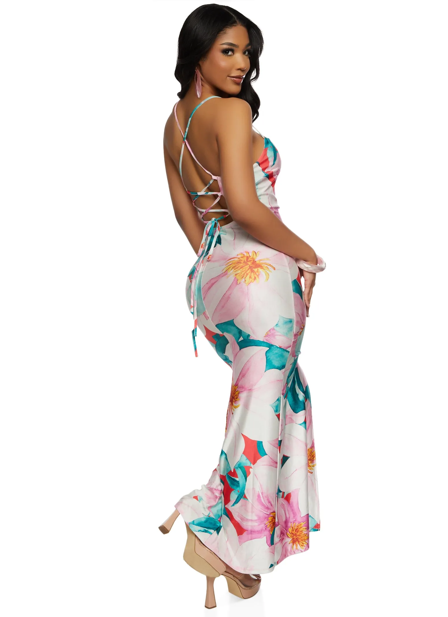 Iris Floral Lace Up Back High Slit Maxi Dress sold by Rainbow product image thumbnail 3