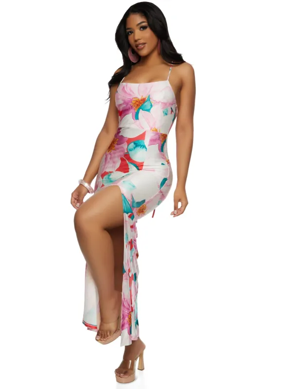 Iris Floral Lace Up Back High Slit Maxi Dress sold by Rainbow