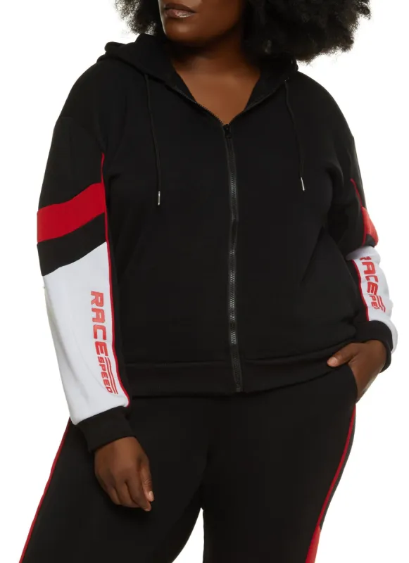 Plus Size Fleece Race Speed Zip Front Hoodie sold by Rainbow