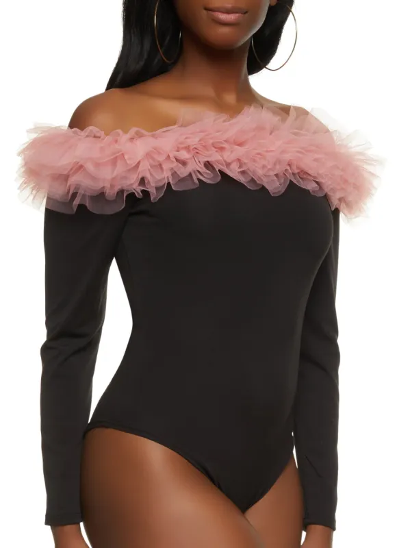 Ruffle Trim Long Sleeve Off the Shoulder Bodysuit sold by Rainbow
