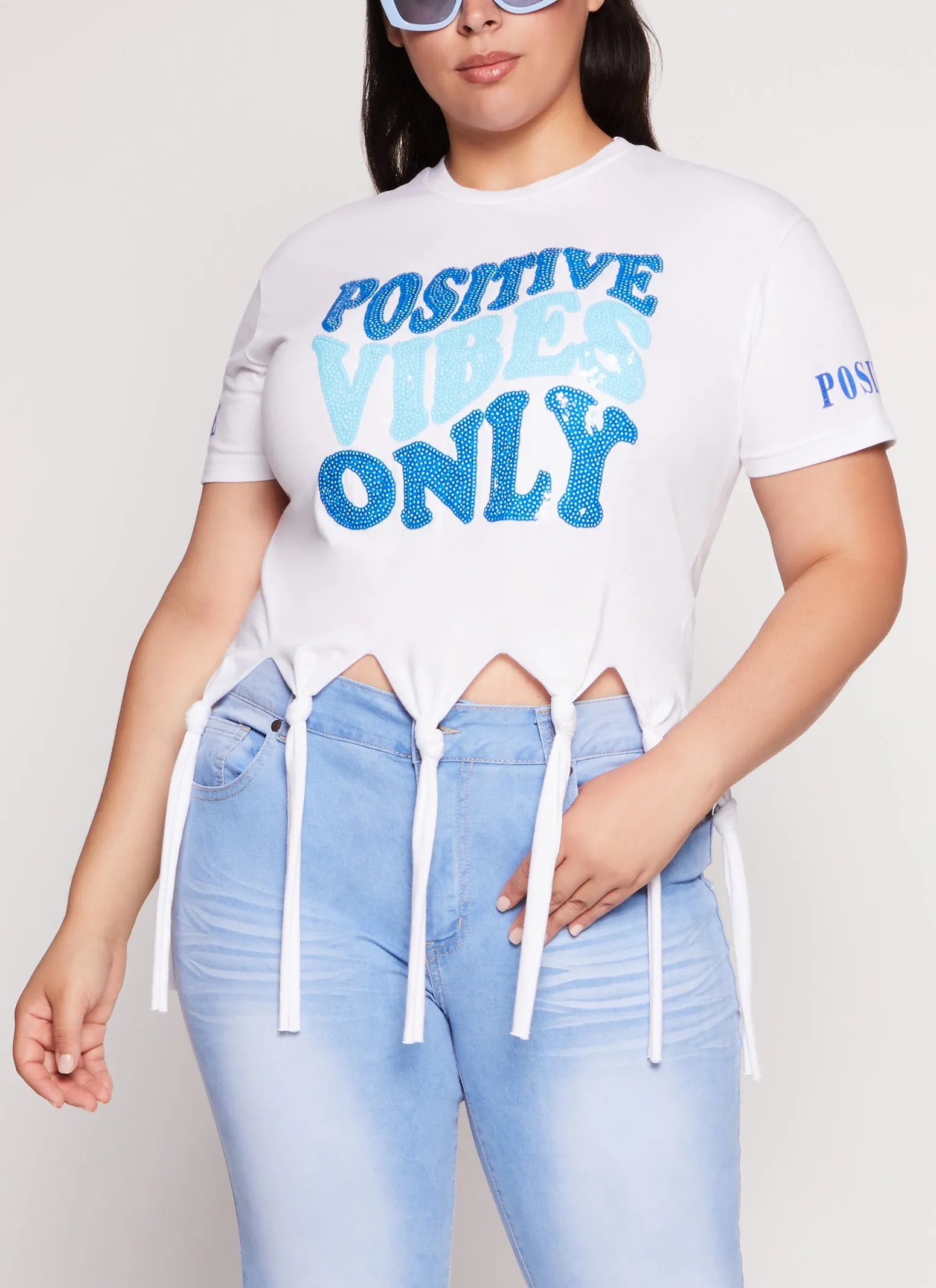 Plus Size Positive Vibes Only Knot Hem Sequin Graphic Tee sold by Rainbow