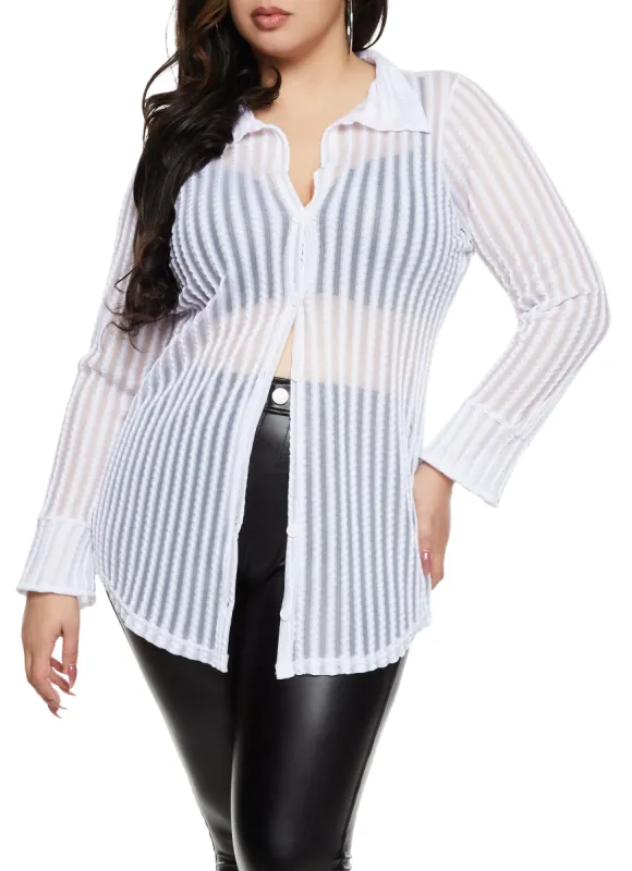 Plus Size Striped Mesh Detail Button Front Shirt sold by Rainbow