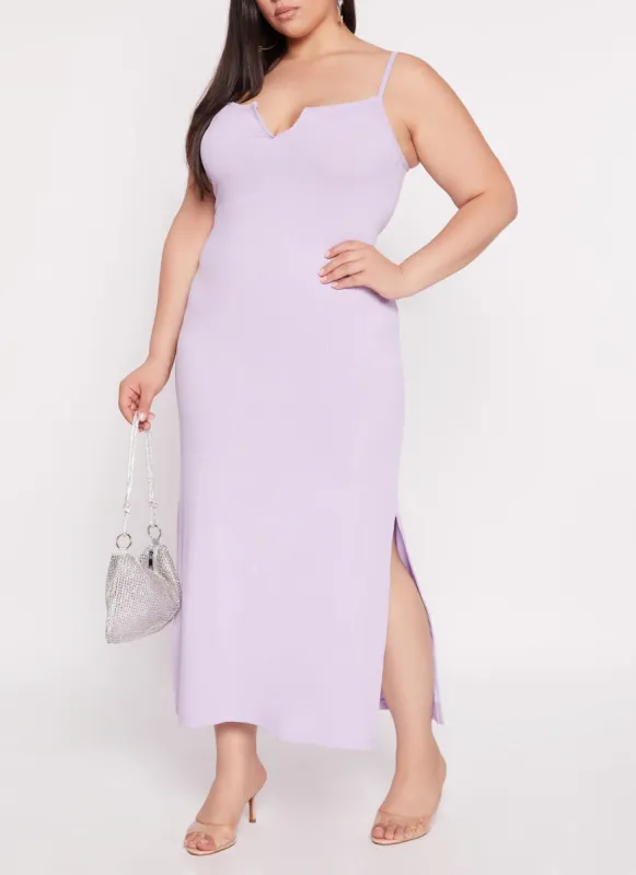 Plus Size Rib Knit Split Neck Cami Maxi Dress sold by Rainbow