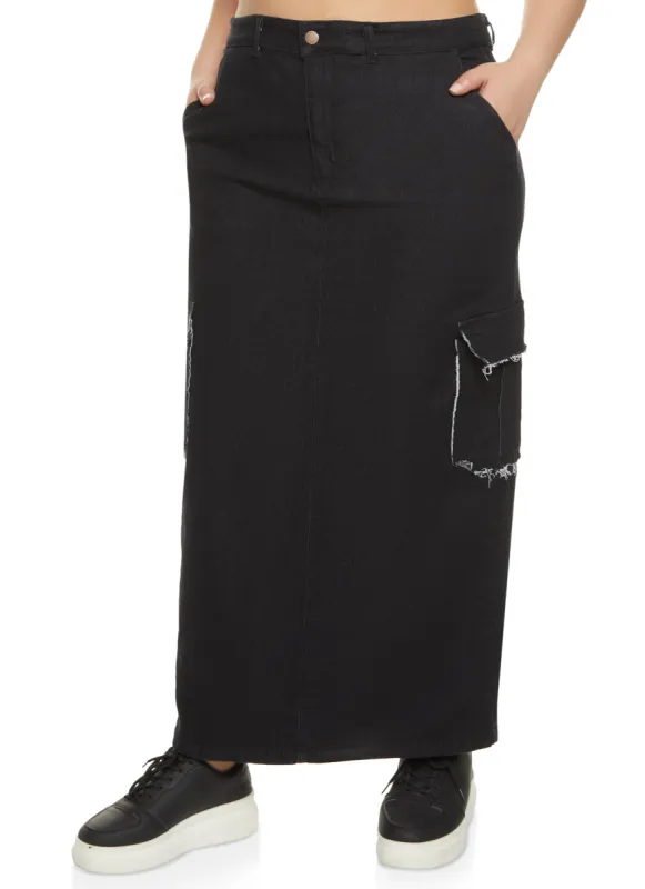 Plus Size Denim Frayed Trim Cargo Pocket Maxi Skirt sold by Rainbow