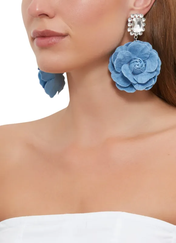 Denim Rose Rhinestone Drop Earrings sold by Rainbow