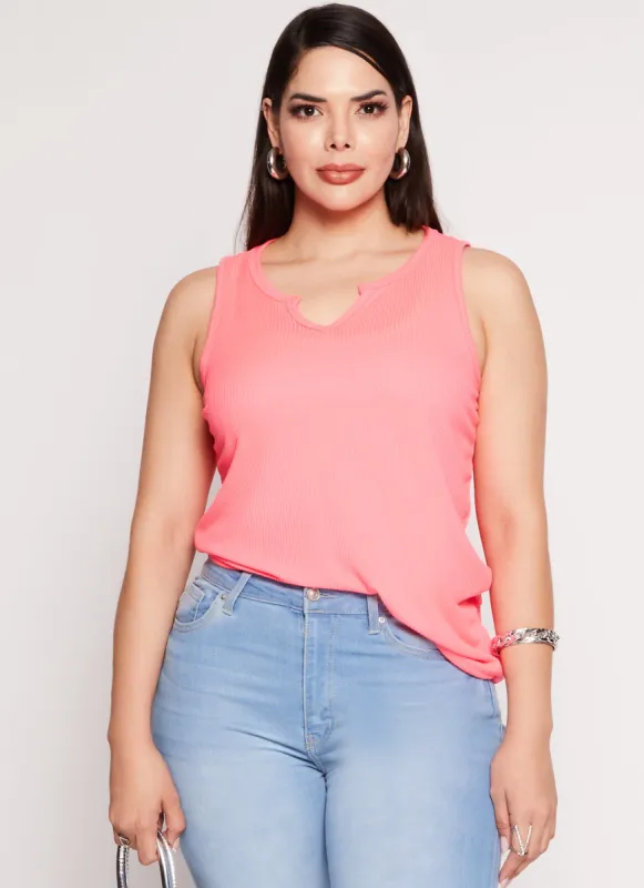 Plus Size Rib Knit Notch Neck Tank Top sold by Rainbow