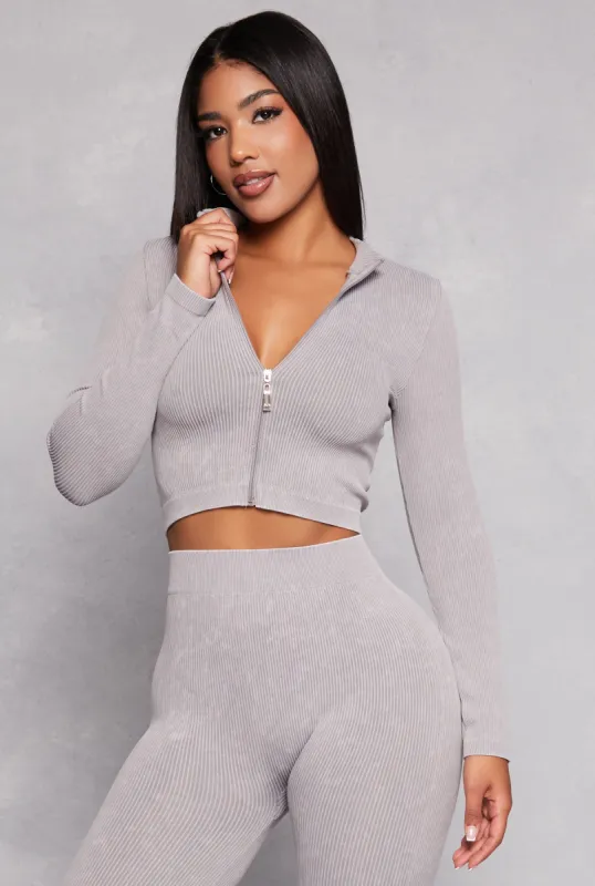 Ribbed Knit Mock Neck Zip Front Crop Top sold by Rainbow