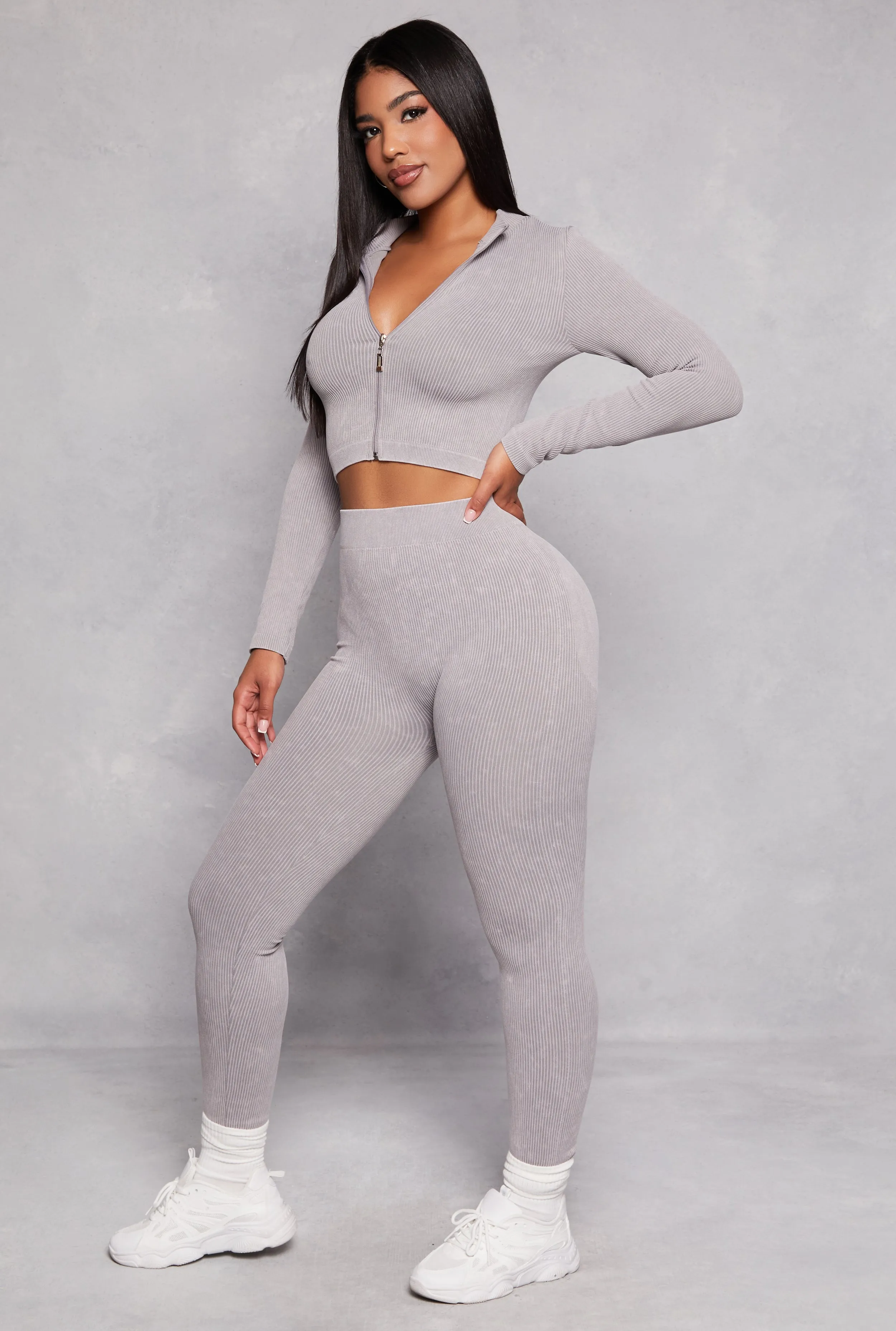 Ribbed Knit Mock Neck Zip Front Crop Top sold by Rainbow product image thumbnail 2