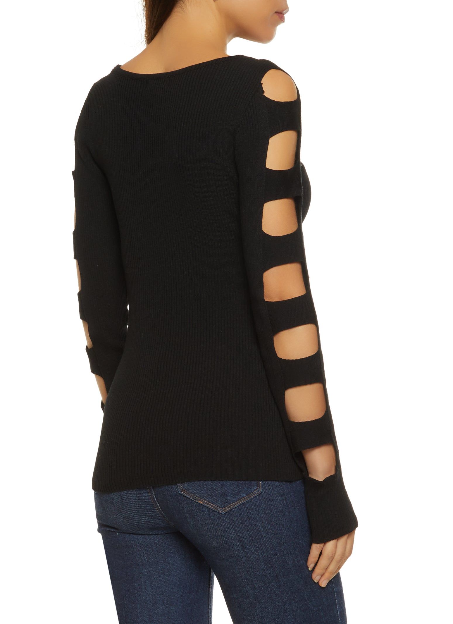 Ribbed Knit Caged Sleeve V Neck Sweater sold by Rainbow product image thumbnail 2